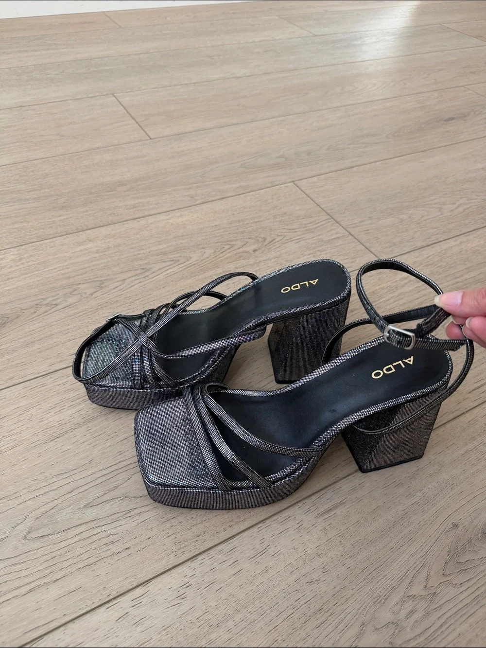 Aldo Gunmetal Metallic Platform Block Heel Sandals